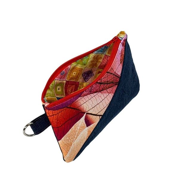 Handmade Upcycled Denim Fall Leaves Zipper Pouch Wallet Cotton Lined - Picture 5 of 7